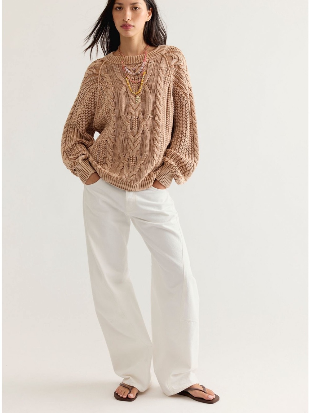 Free People Cable Knit Crewneck Sweater - Tan